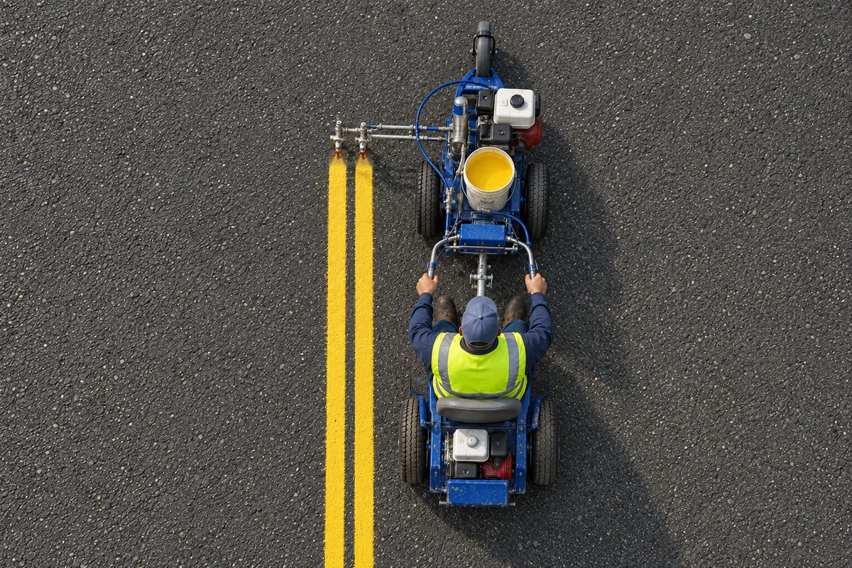 Overhead equipment render of a blue front line striper connected by a hitch to a separate seated drive unit, with two yellow paint lines beside it.