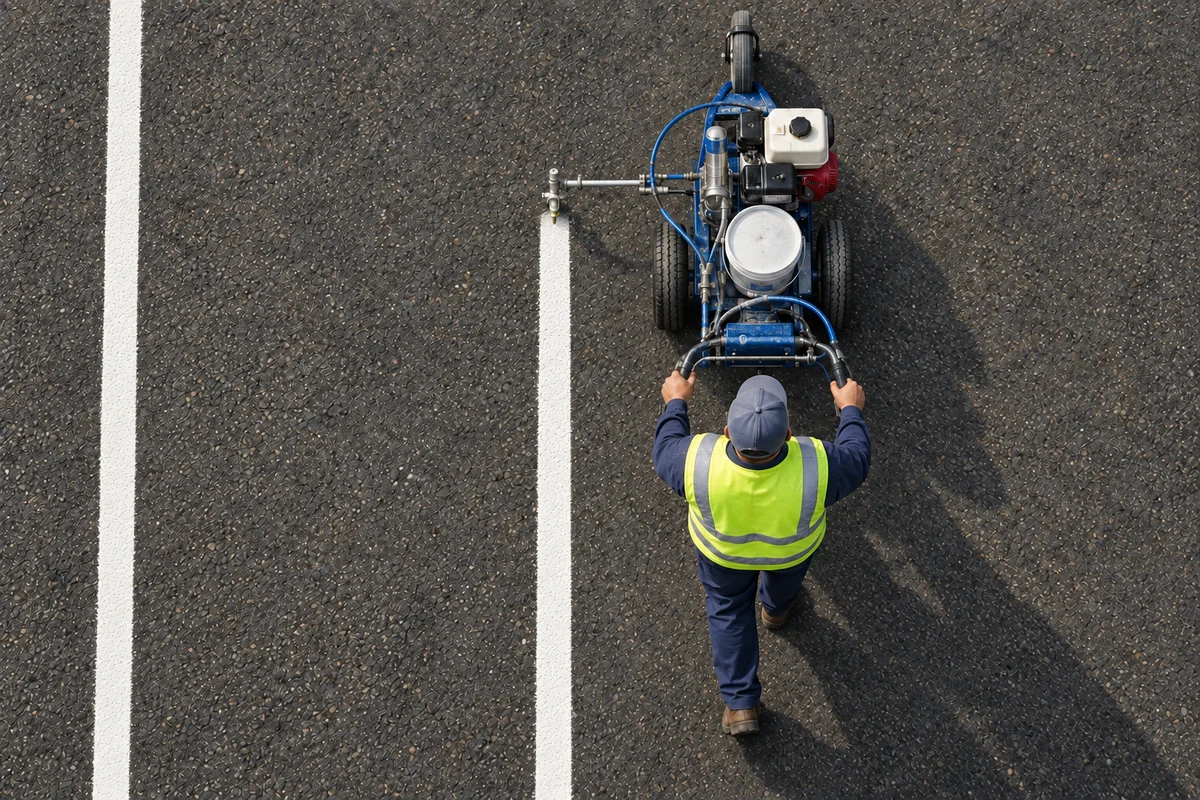Directly overhead equipment render of an operator pushing a blue airless line striper, its side-mounted nozzle following a straight white stripe.